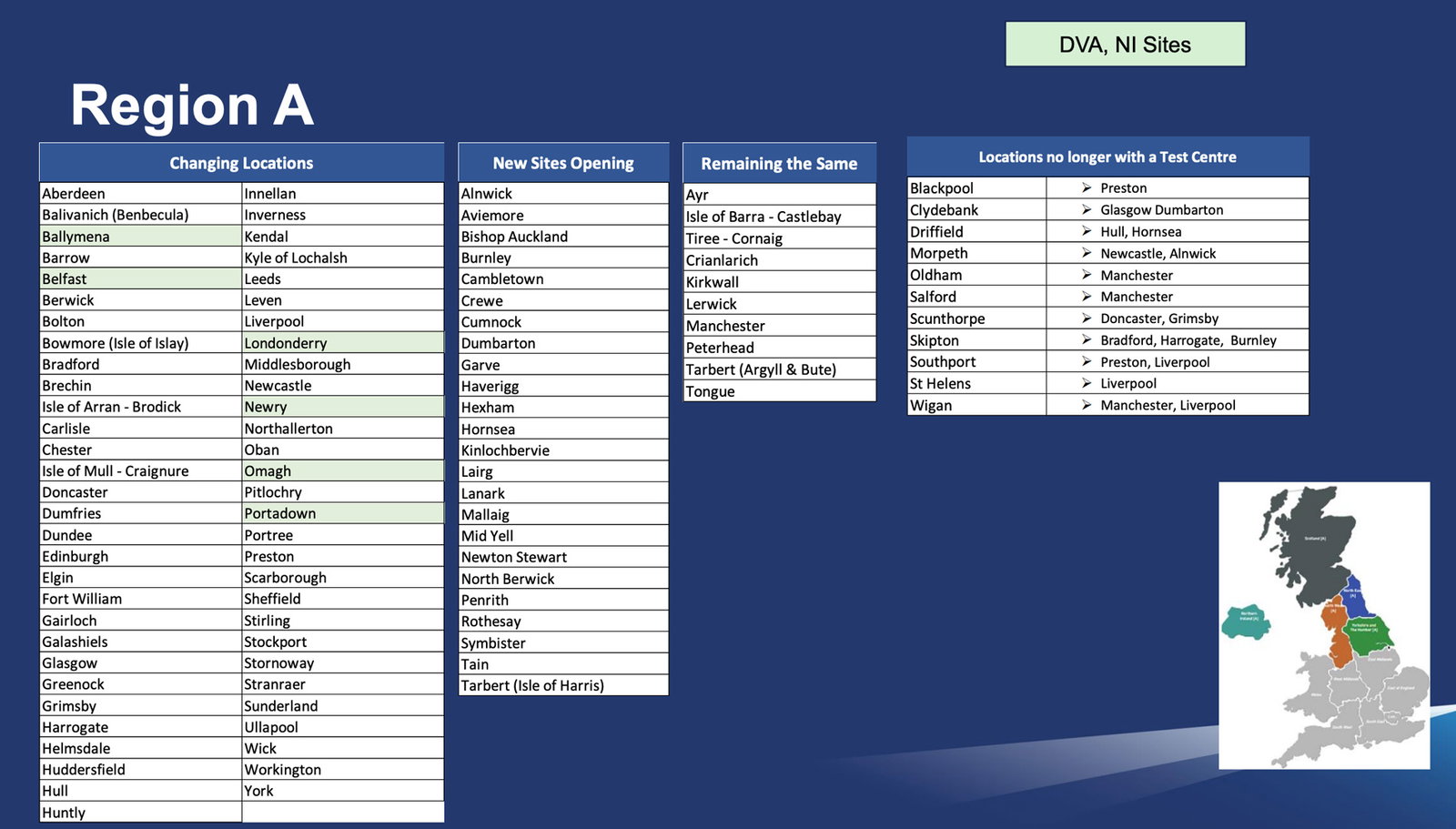 Region A theory test centres